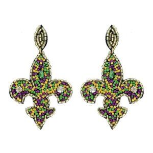 Fleur de Lis Mardi Gras Seed Bead Post Earrings Festive Purple Green Gold 0222